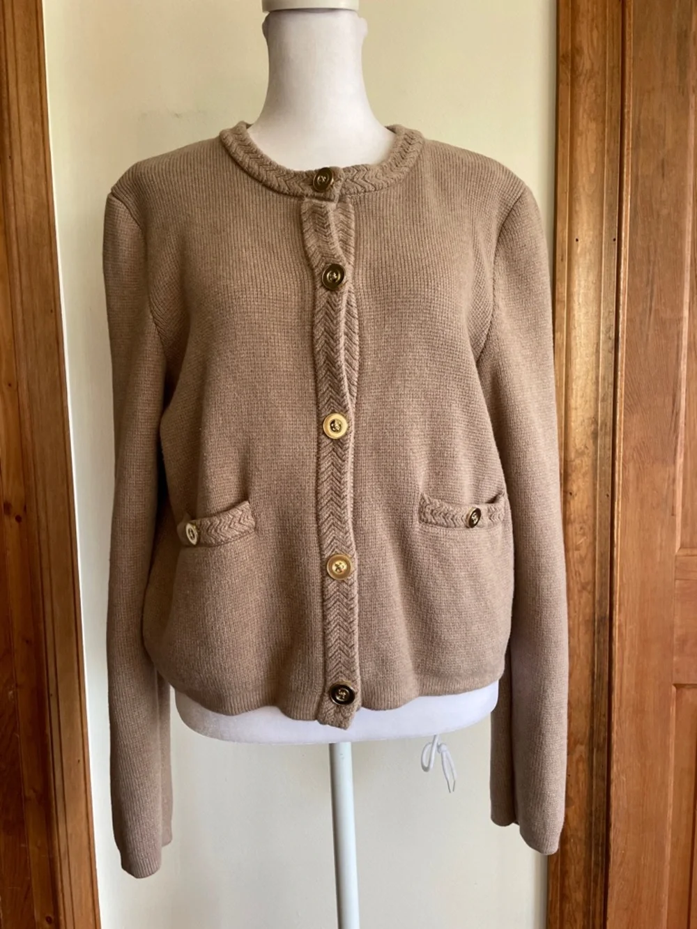 J. CREW Taupe Cotton Knit Button Braided Neck & Front Placket Cardigan M